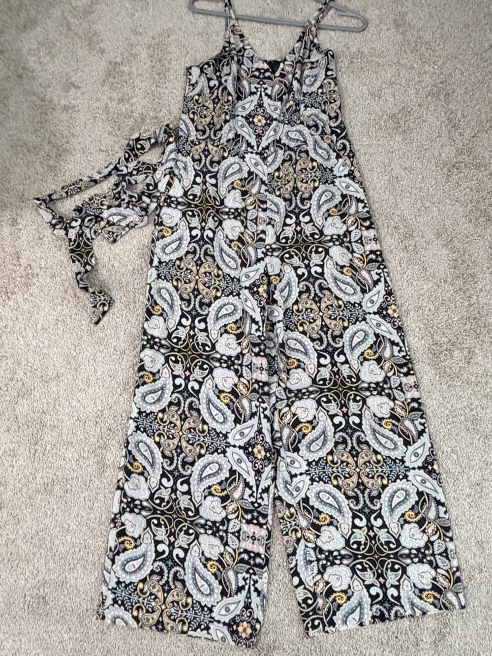 LOFT Black Paisley Wide-Leg Jumpsuit with Cream & Gold Accents